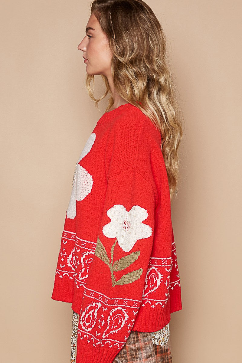 POL Flower Lace Patch Long Sleeve Sweater in Red Multi