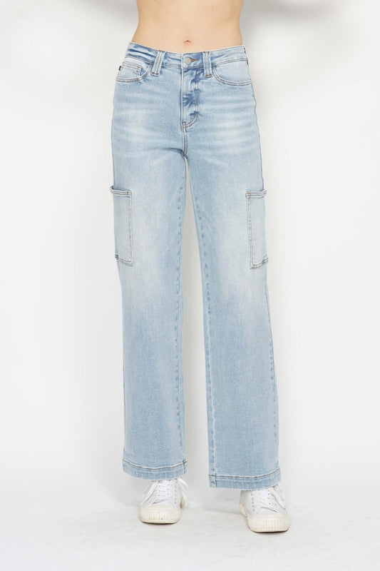 Judy Blue Full Size High Rise Straight Leg Cargo Jeans in Light Wash Blue