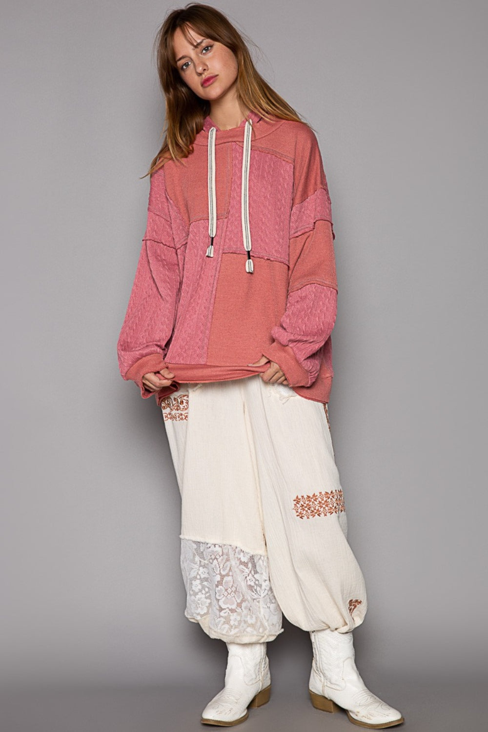 POL Exposed Seam Hooded Knit Top in Mauve Mixed Knit Drawstring