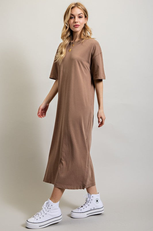 Sweet Generis Washed Cotton Half Sleeve T-Shirt Midi Dress in Charcoal or Taupe