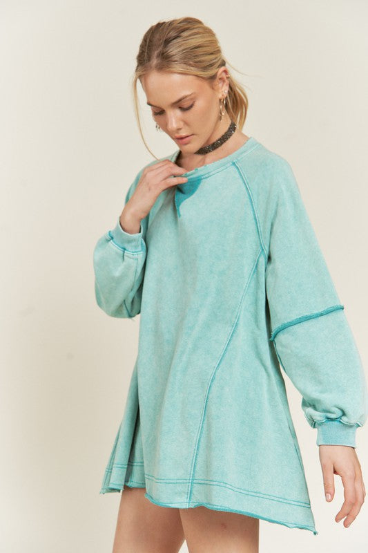 Jade by Jane Color Washed Raw Flare Hem Tunic Sweatshirt in Teal and Pink