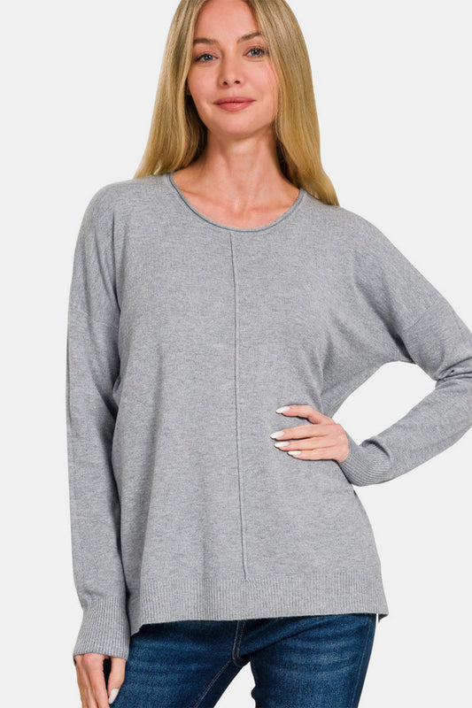 Zenana Front Seam Round Neck Sweater in Heather Gray NWT