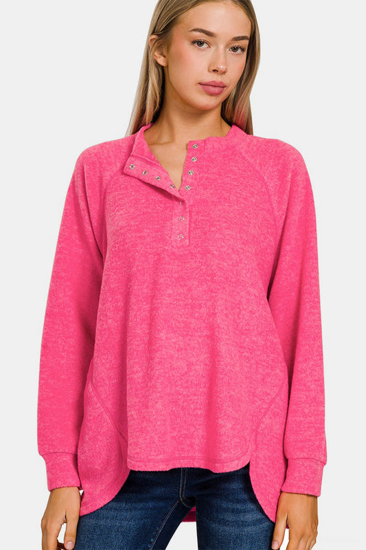 Zenana Brushed Melange Curved Hem Henley Sweater in Fuchsia Pink NWT