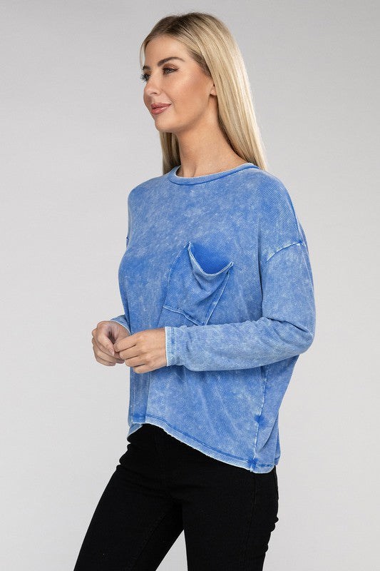 Zenana Color Washed Chest Pocket Long Sleeve T-Shirt in 3 Colors