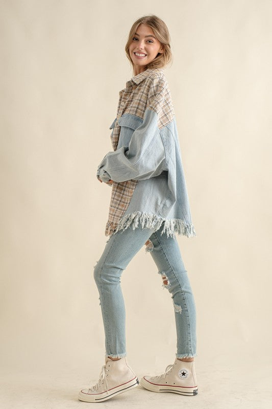 Sweet Generis Oversized Tweed and Denim Shirt Jacket with Fringed Hem