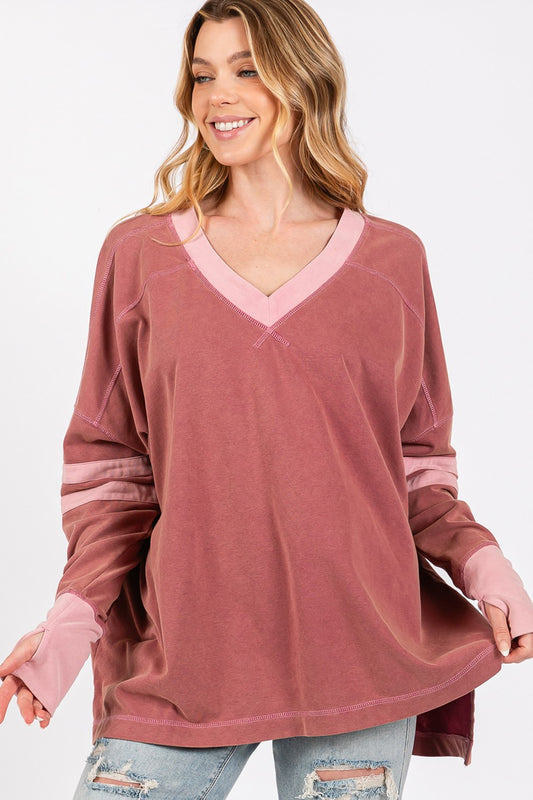 SAGE + FIG Mineral Wash Contrast Oversized V-Neck Tunic T-Shirt in Mulberry NWT