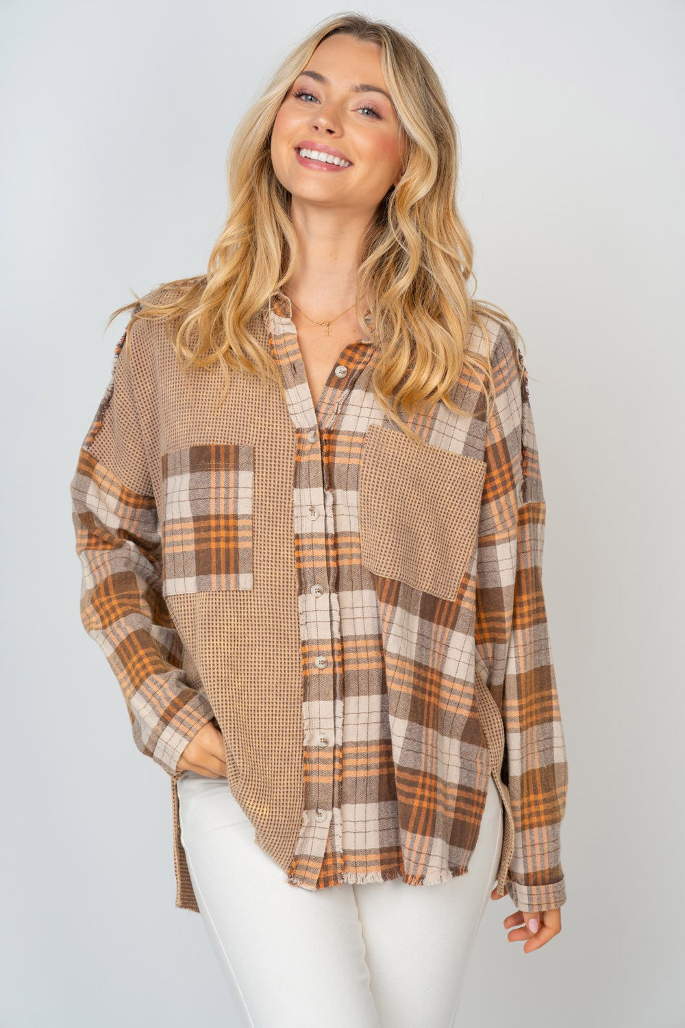 White Birch Plus Color Block Plaid Button-Down Shirt in Brown Multi NWT