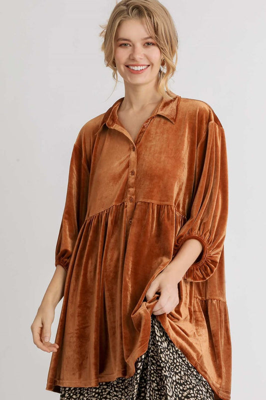 Umgee Full Size Tiered Velvet High Low Hem Tunic Button-Down Shirt in Terracotta Brown