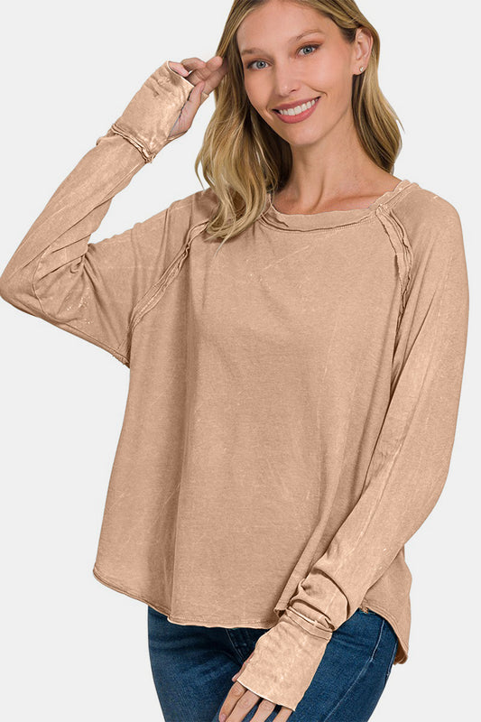 Zenana Thumbhole Cuff Long Sleeve Round Neck T-Shirt in Ash Mocha Brown NWT