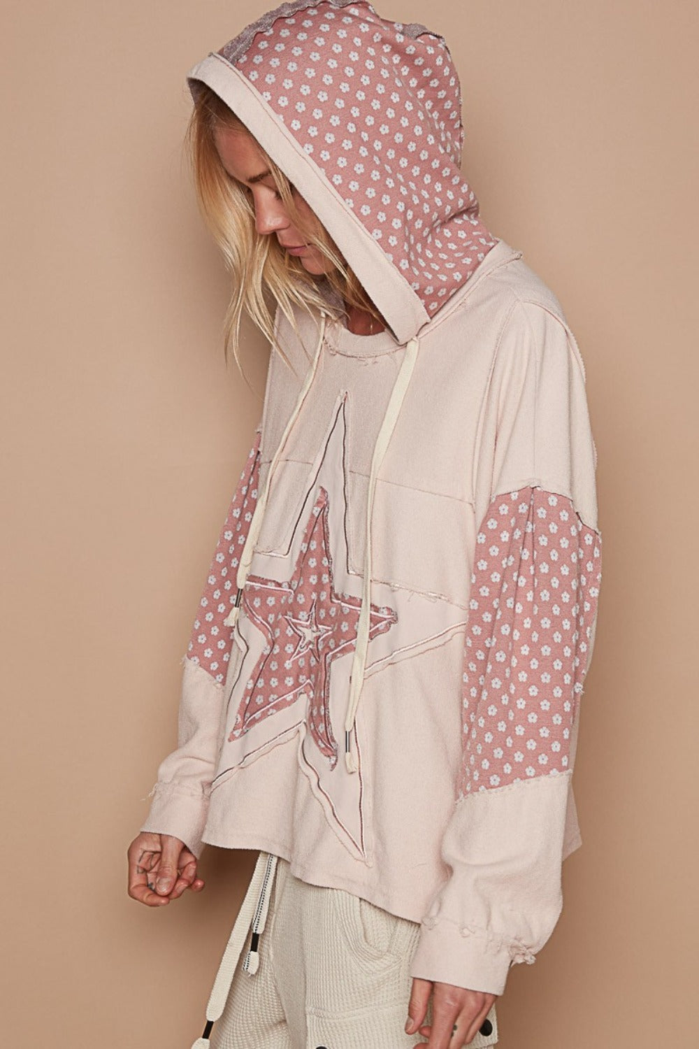 POL Star Patchwork Raw Edge French Terry Hoodie T-Shirt Top in Dusty Rose