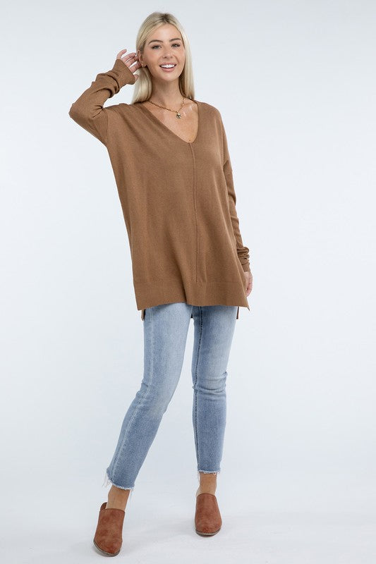 Zenana Front Seam Side Slit V-Neck Tunic Sweater in 5 Colors