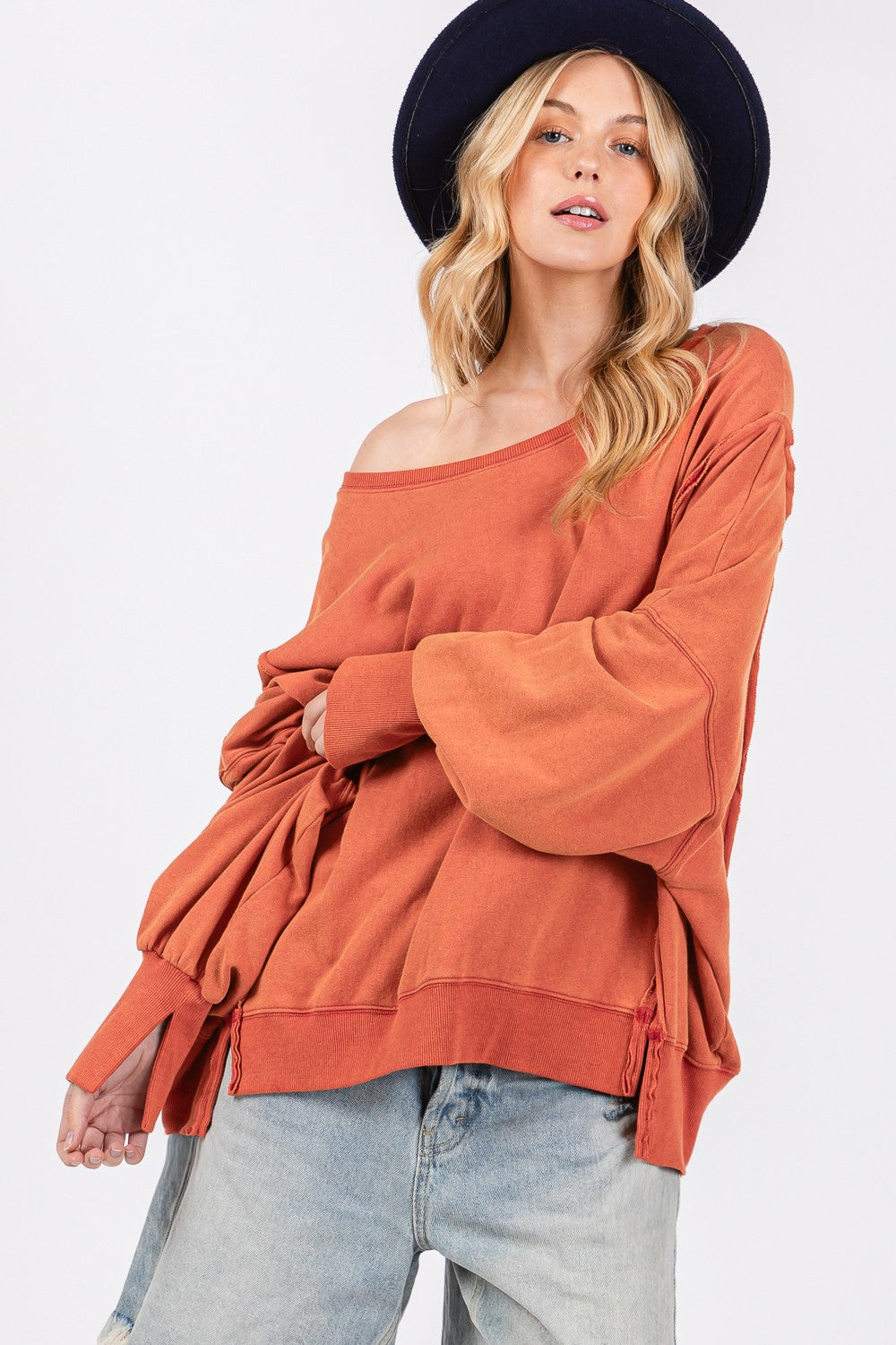 SAGE + FIG Mineral Wash Side Slit Oversized Sweatshirt in Amber Orange NWT