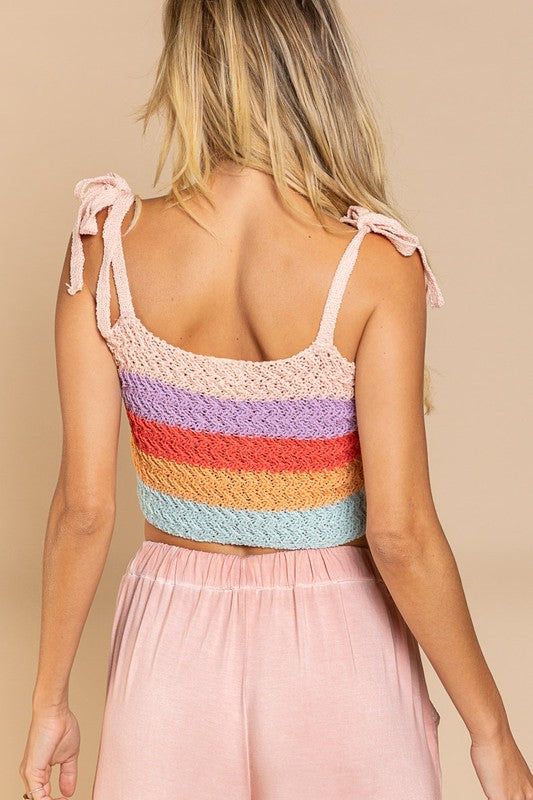 POL Tie-Shoulder Cropped Knit Cami Tank Top in Rainbow Sherbert