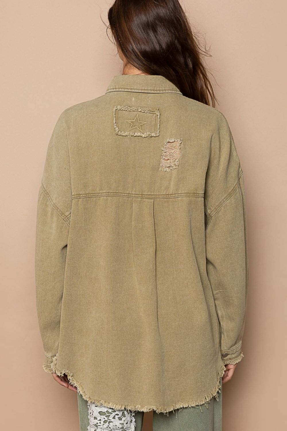 POL Raw Hem Distressed Button-Down Shirt Jacket in Mocha Herb