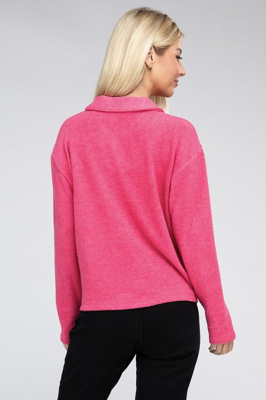 Zenana Brushed Melange Button Front Collared V-Neck Sweater in 5 Colors