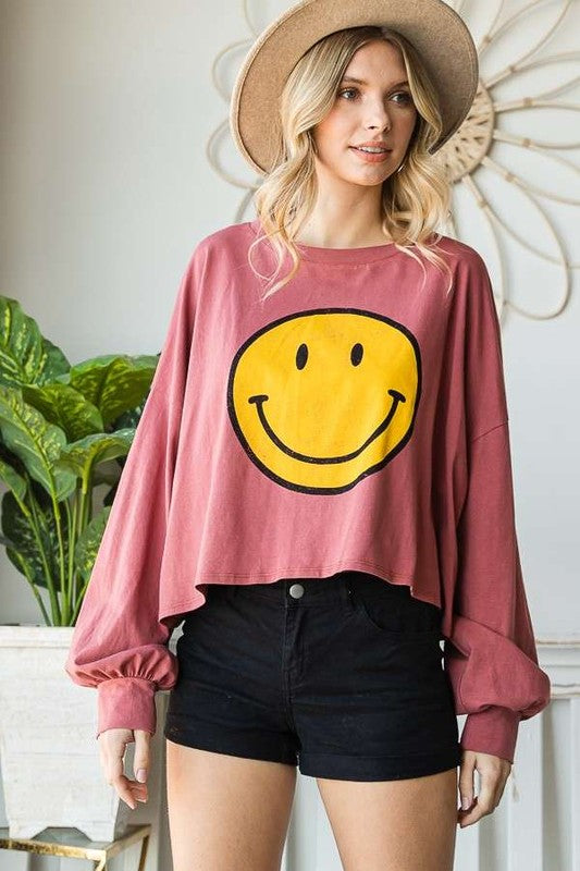 Jade by Jane Plus Size Smiley Face Oversized Long Sleeve Cropped Graphic T-Shirt