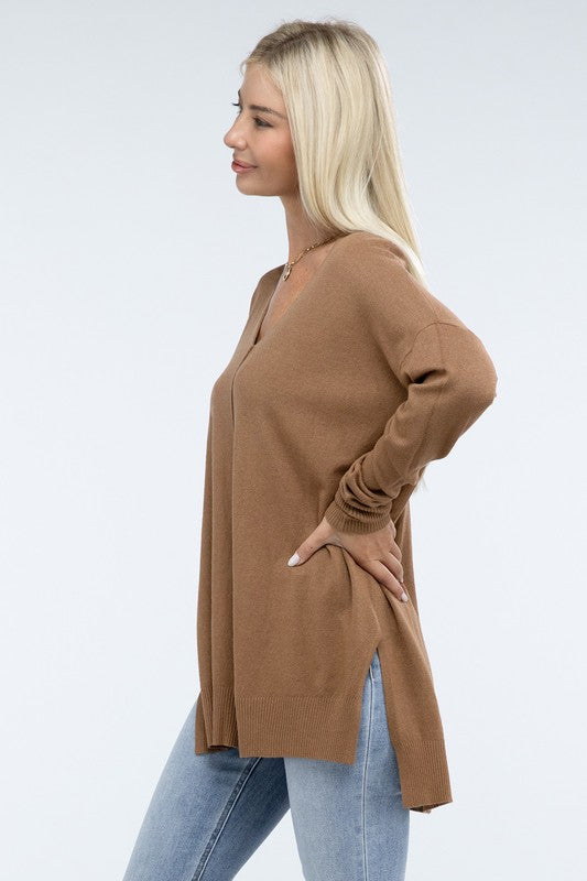 Zenana Front Seam Side Slit V-Neck Tunic Sweater in 5 Colors