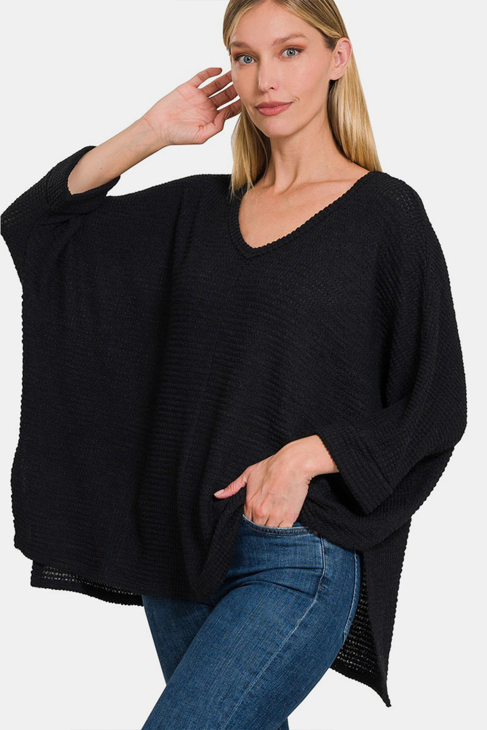 Zenana Oversized Waffle-Knit 3/4 Sleeve V-Neck Top in Black NWT