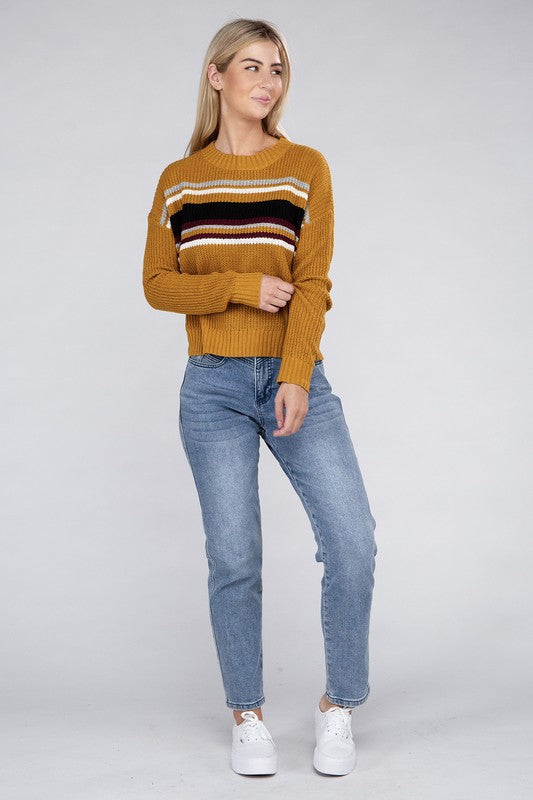 Ambiance Apparel Stripe Front Drop Shoulder Cropped Sweater in 3 Colors