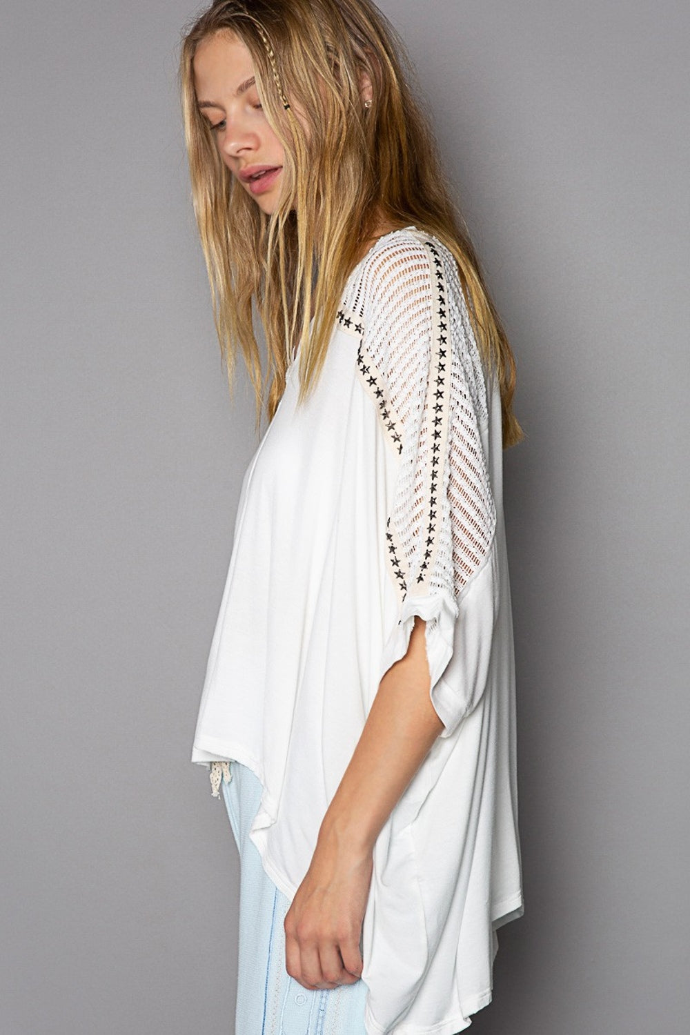 POL Oversized Crochet Lace Studded V-Neck Top in Ivory