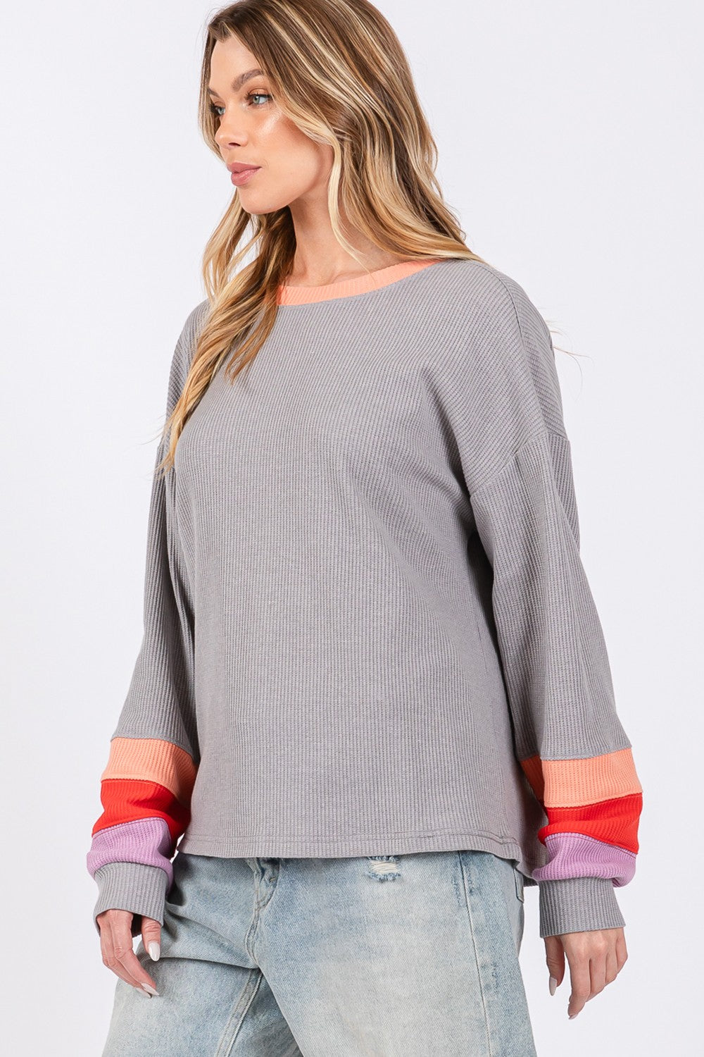 SAGE + FIG Color Block Long Sleeve Waffle-Knit T-Shirt in Gray Multi NWT