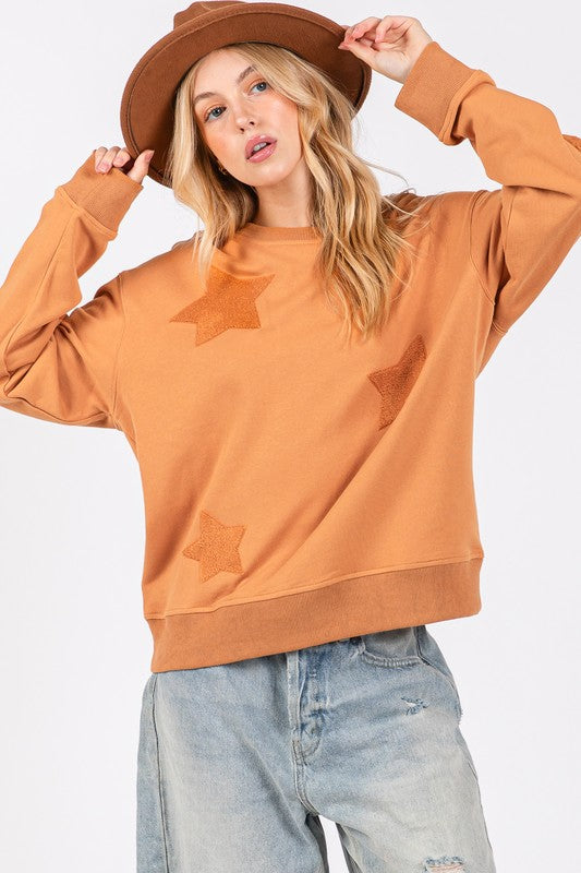 SAGE + FIG Star Patch Long Sleeve Sweatshirt in Cinnamon Brown NWT