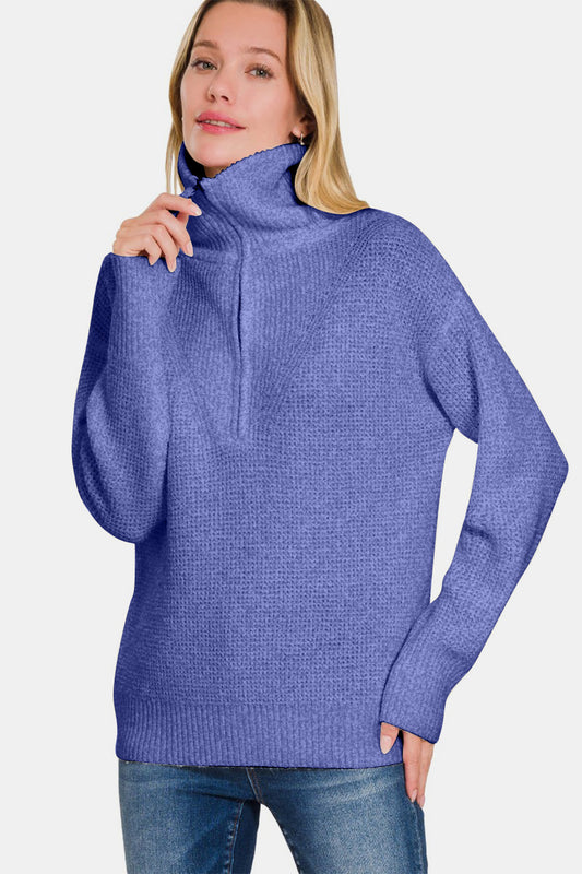 Zenana Half Zip Long Sleeve Waffle-Knit Sweater in Marlin Blue NWT