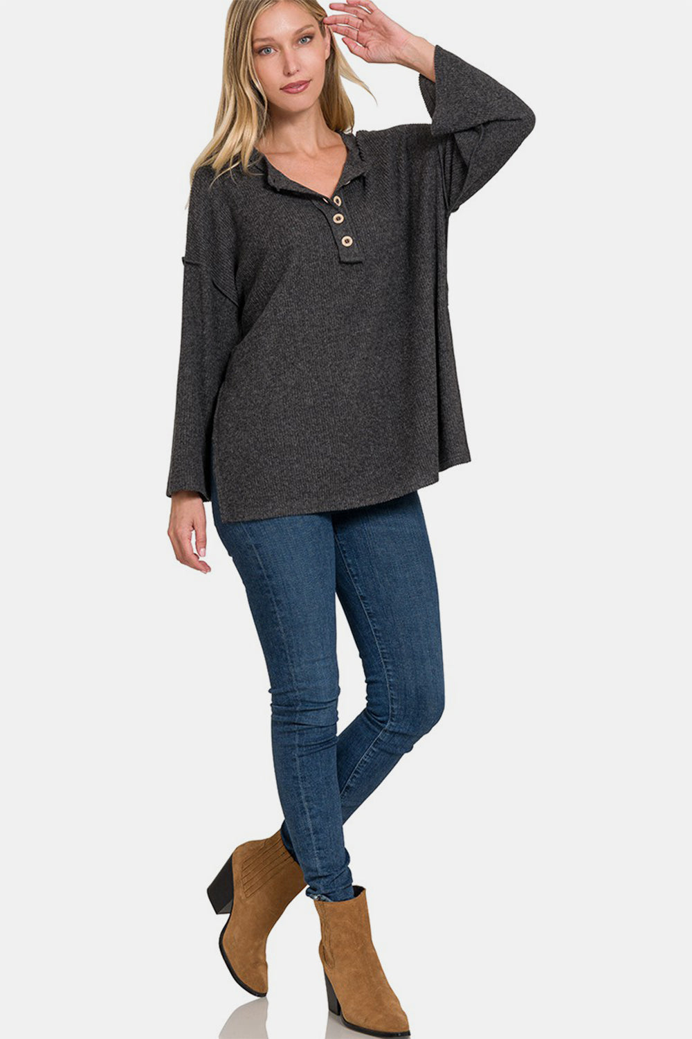 Zenana Ribbed Knit Bell Sleeve Henley T-Shirt Top in Black NWT