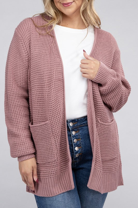 Zenana Plus Waffle-Knit Open Front Tunic Cardigan Sweater with Pockets in 5 Colors