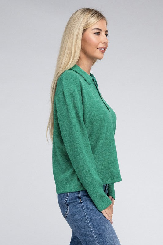 Zenana Brushed Melange Button Front Collared V-Neck Sweater in 5 Colors