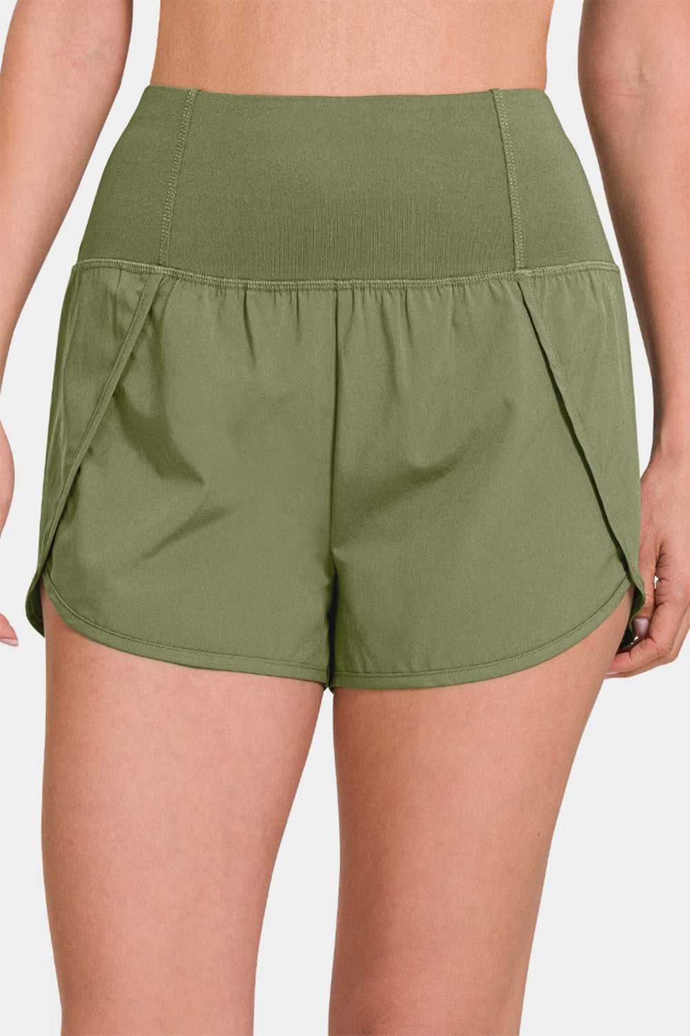 Zenana Two Layer Back Pocket Activewear Shorts in Light Olive