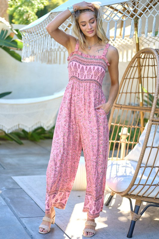 Davi & Dani Floral Smocked Sleeveless Jumpsuit in Pink or Green