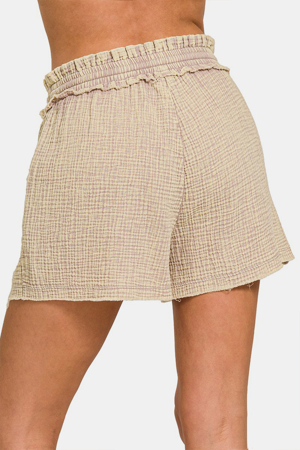 Zenana Washed Raw Hem Drawstring Shorts in Ash Mocha