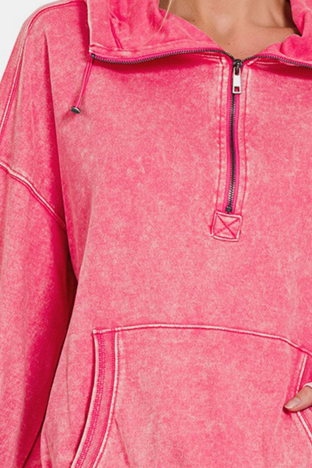 Zenana Half Zip Drawstring Hoodie in Washed Fuscia