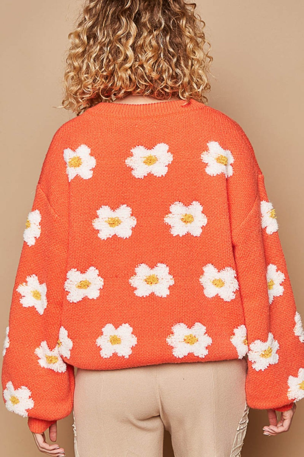 POL Daisy Pattern Drop Shoulder Round Neck Sweater in Sun Orange Multi NWT