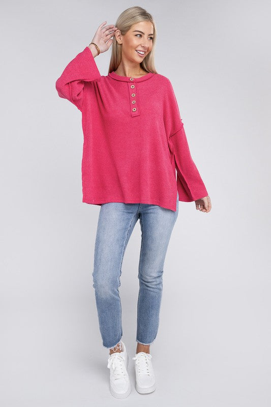 Zenana Slit Hem Bell Sleeve Ribbed Henley Sweater in 5 Colors