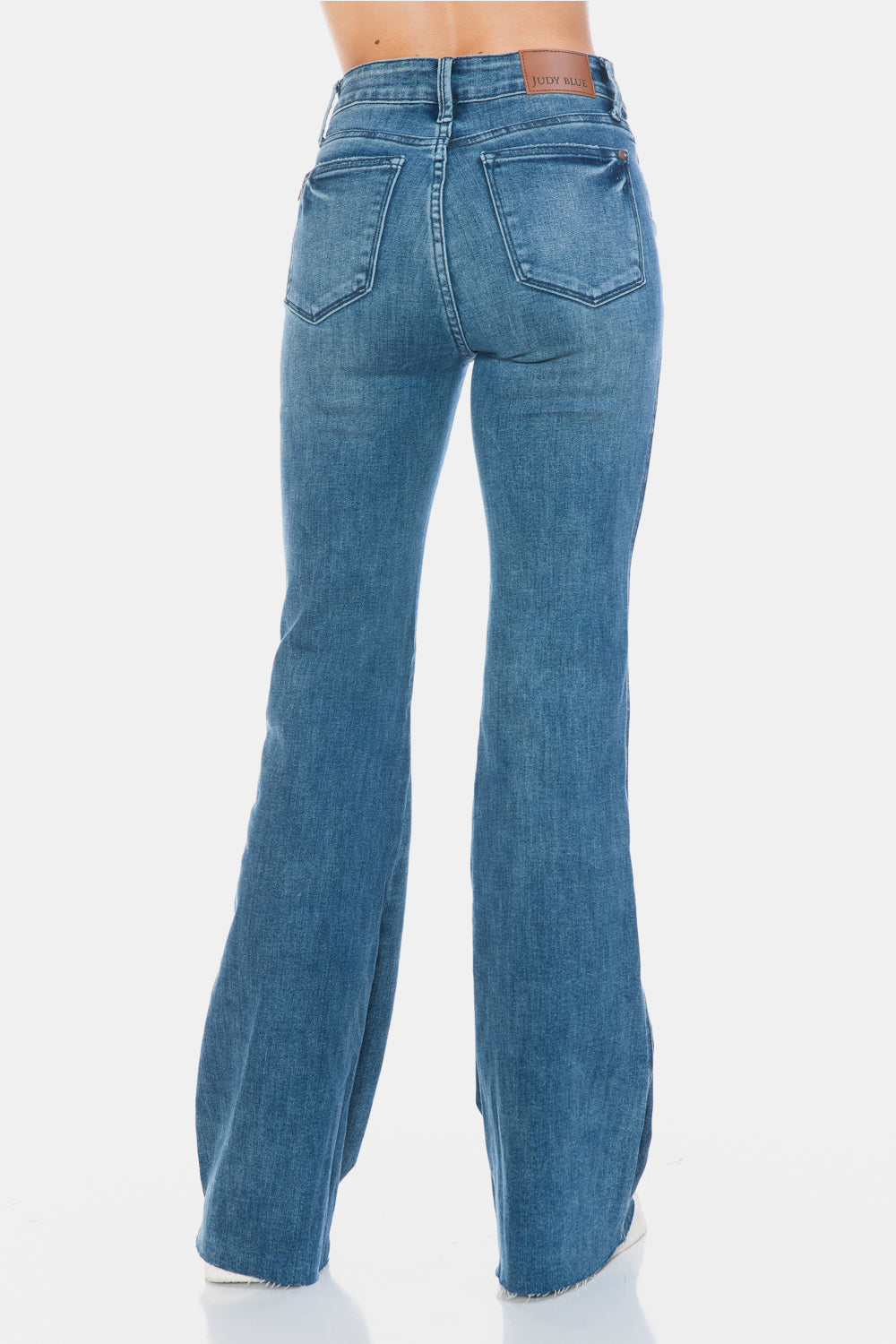 Judy Blue Full Size Tummy Control Raw Hem Flare Leg Jeans in Medium Wash Blue