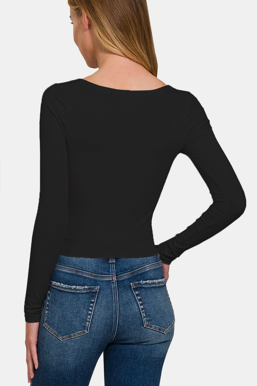 Zenana Fitted Scoop Neck Long Sleeve T-Shirt in Black