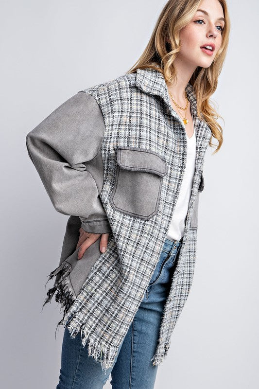 Sweet Generis Oversized Tweed and Denim Shirt Jacket with Fringed Hem