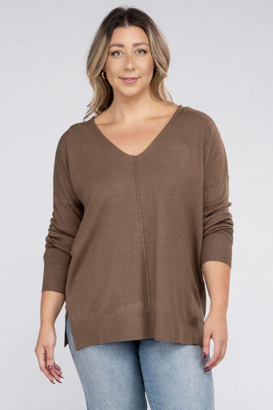 Zenana Plus Size Front Seam V-Neck Tunic Sweater