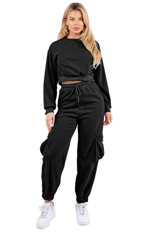 BY CLAUDE TWO PIECE LONG SLEEVE CROP TOP AND CARGO PANTS SWEATSUIT