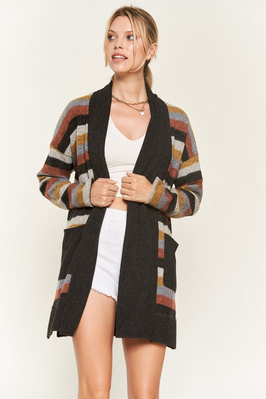 Jade by Jane Multicolor Striped Open Front Longline Cardigan Sweater