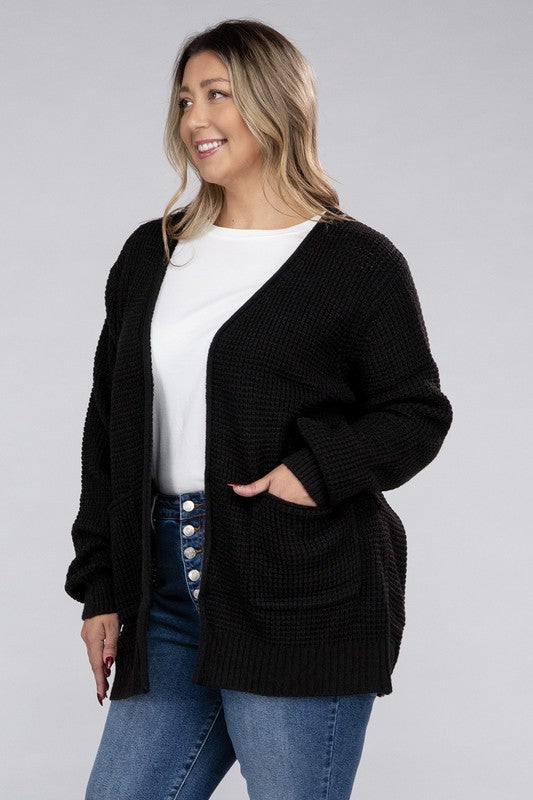 Zenana Plus Waffle-Knit Open Front Tunic Cardigan Sweater with Pockets in 5 Colors