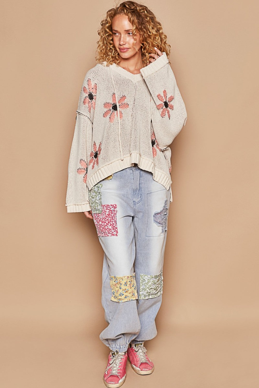 POL Floral Pattern Hooded High-Low Hem Sweater in Pale Almond