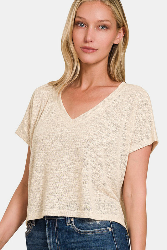 Zenana Cropped V-Neck T-Shirt in Sand Beige