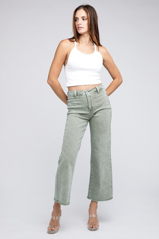 Zenana Acid Wash Cotton Cropped Raw Hem Jeans in 5 Colors