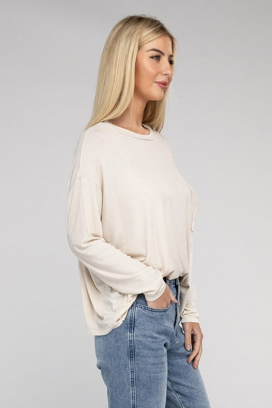 Zenana Color Washed Chest Pocket Long Sleeve T-Shirt in 3 Colors