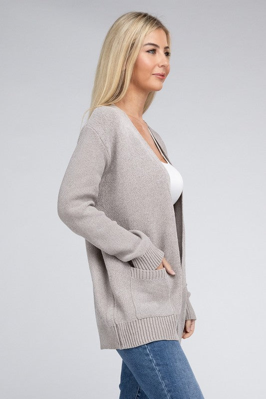 Zenana Melange Open Front Cardigan Sweater with Pockets in 4 Colors