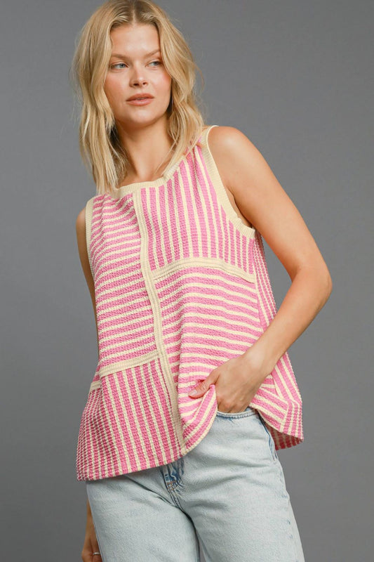 Umgee Striped Textured Round Neck Tank Top in Pink Multi NWT