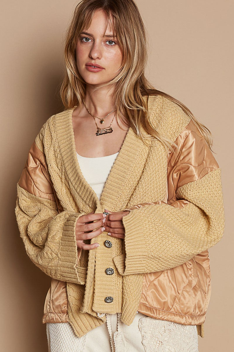 POL Quilting Patchwork Button Up Cable Knit V-Neck Jacket in Camel Multi